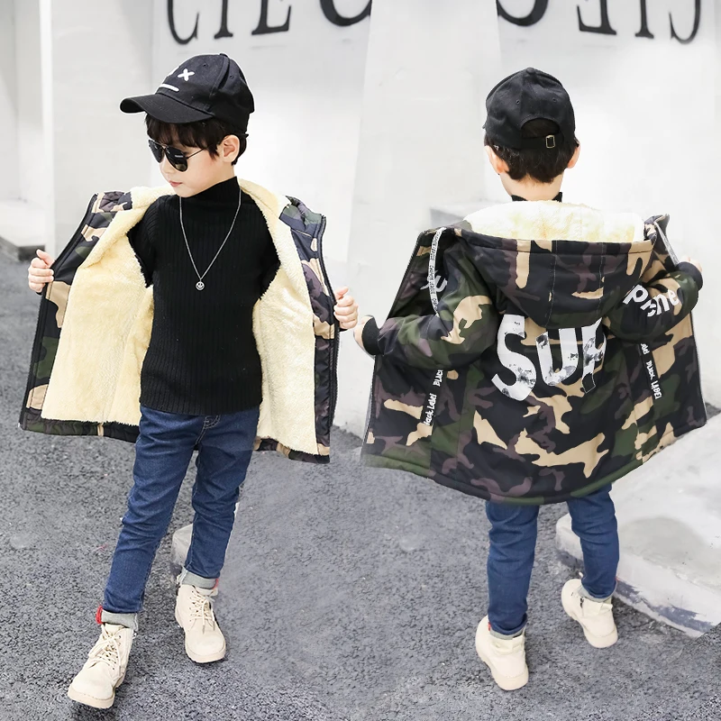 

boys winter Coat hooded 4-13 years old kids down children's parkas thick Fashion camouflage velvet warm cotton Windbreaker