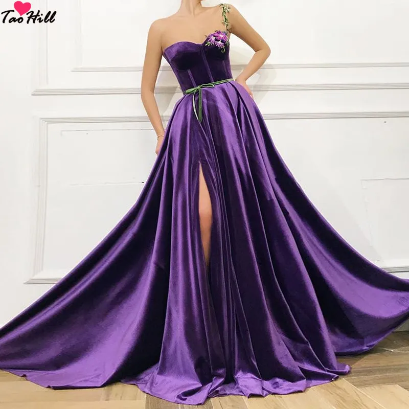 

TaoHill Evening Dress Elegant Women 2019 One Shoulder Straps Flower Applique Purple Velvet Formal Evening Prom Dress Long