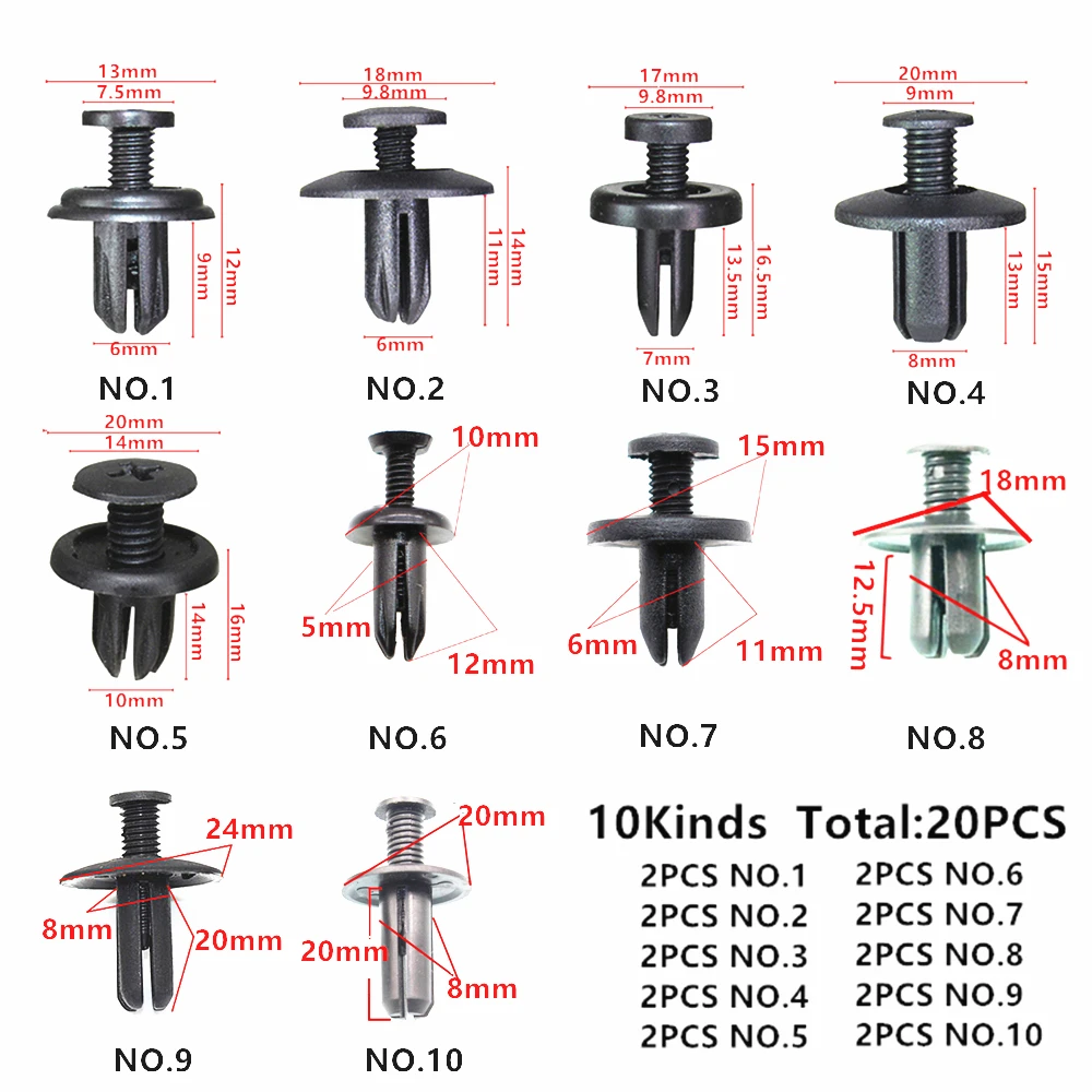

20PCS 100 Models Universal Mixed Auto Plastic Fasteners Clips Panel Fixings For All Cars Snap Push Screw Rivet