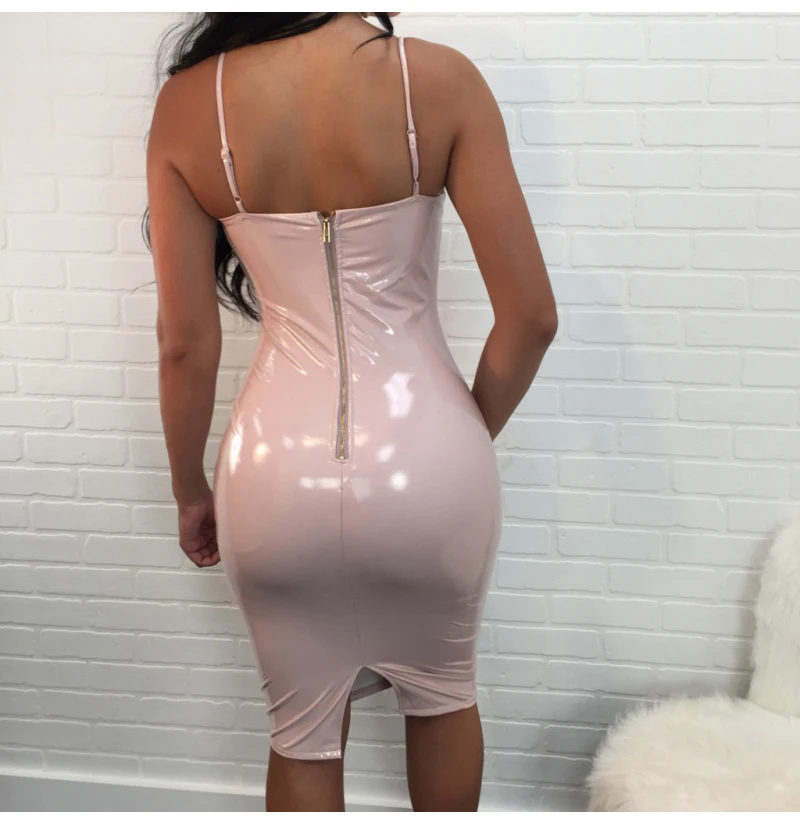 Sexy Women PVC Patent Leather Dress Wetlook Shiny Latex Halter Sleeveless Deep V Cut Zipper Dress PU Nightclub Uniforms M-4XL (4)