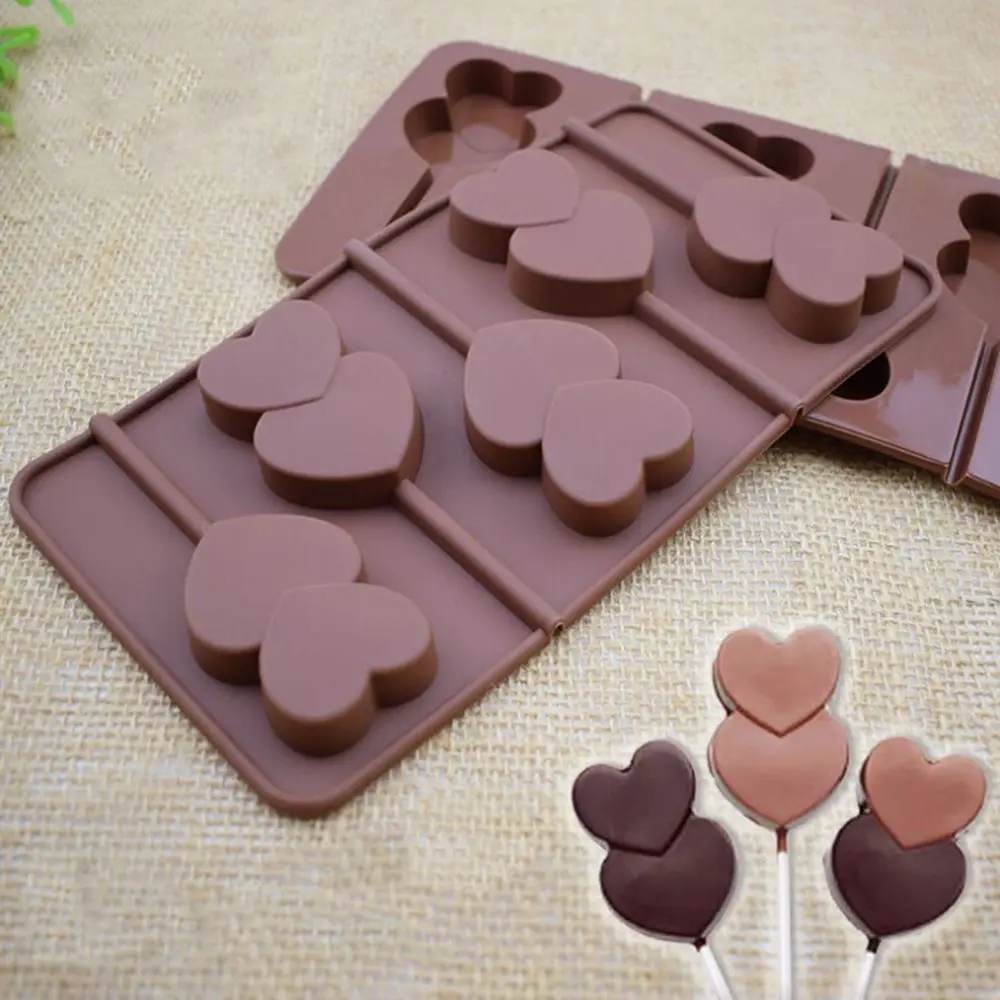 

4 Lian Lover Double Heart Stick Candy mold Silicone Hand mold DIY Chocolate cake Baking mold