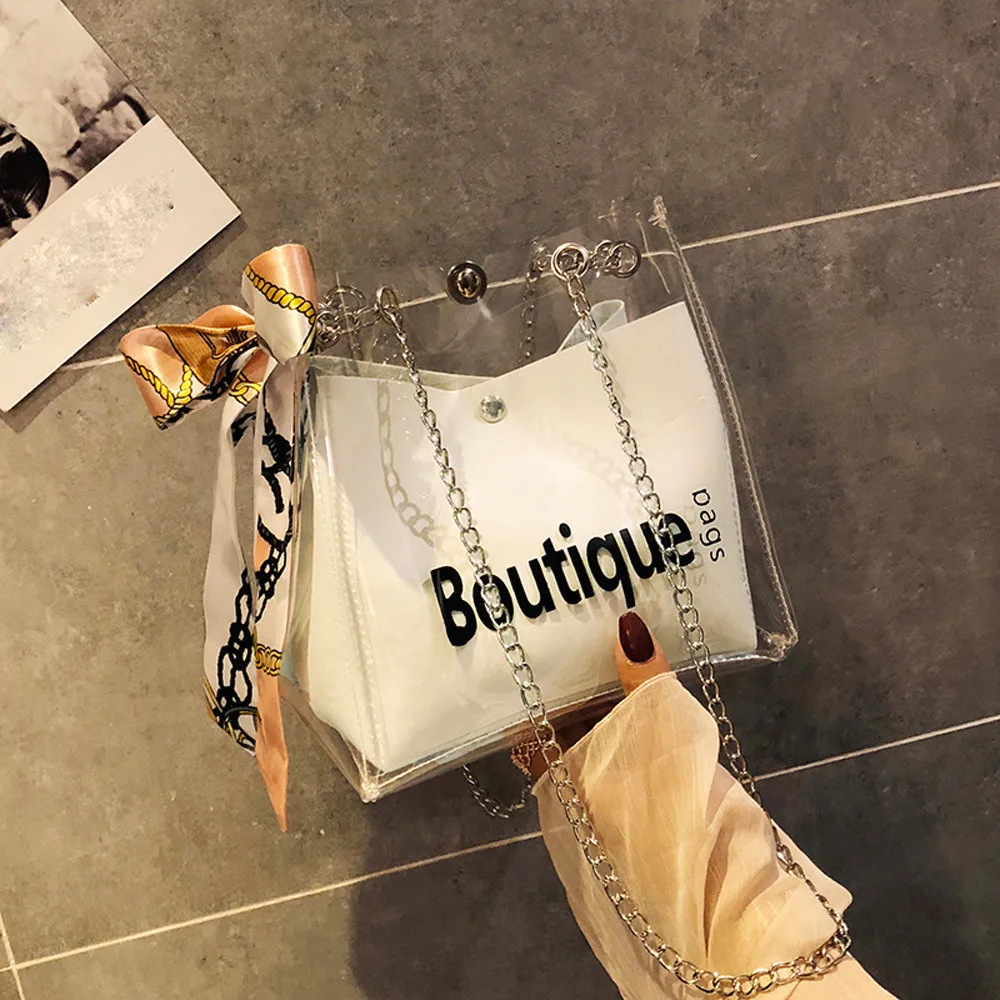 

Bags For Women 2020 Fashion Transparent Letter Shoulder Bags Beach Casual Messenger Crossbody Bags Bow Silk Handbag Bolsos Mujer