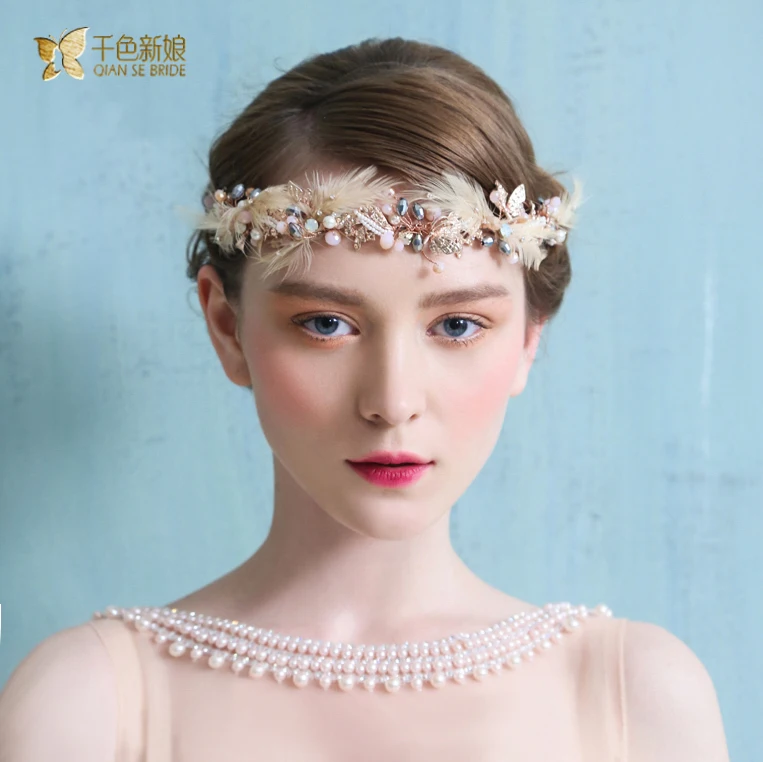 pink crystal beads feather hairband girl bridal forehead hair ornaments crown prom