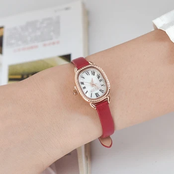 

Women Fashion Casual Antique Quartz Best Quality Girl Love Beautiful Gift Leather Needle Oval Red Pretty Wrist Watch Reloj Mujer