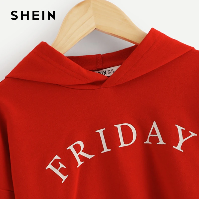  SHEIN Red Girls Letter Front Crop Casual Hoodies Girls Tops 2019 Spring Korean Fashion Long Sleeve 