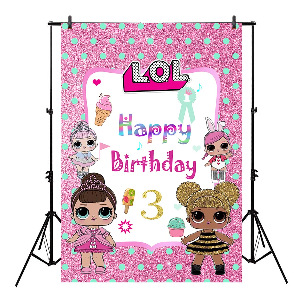 

Neoback 3rd Birthday Backdrop for Photography Cartoon Dolls Background for Party Decoration Supplies Baby Red Shiny Ice Cream