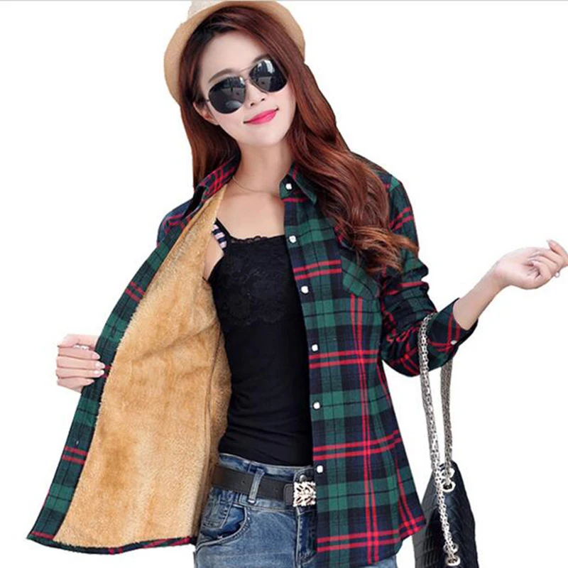 

Autumn Shirts Nice New Fashion Women Warm Render Tops Long Sleeve Grid Velvet Slim Large Size Leisure Women Winter Tops LU285