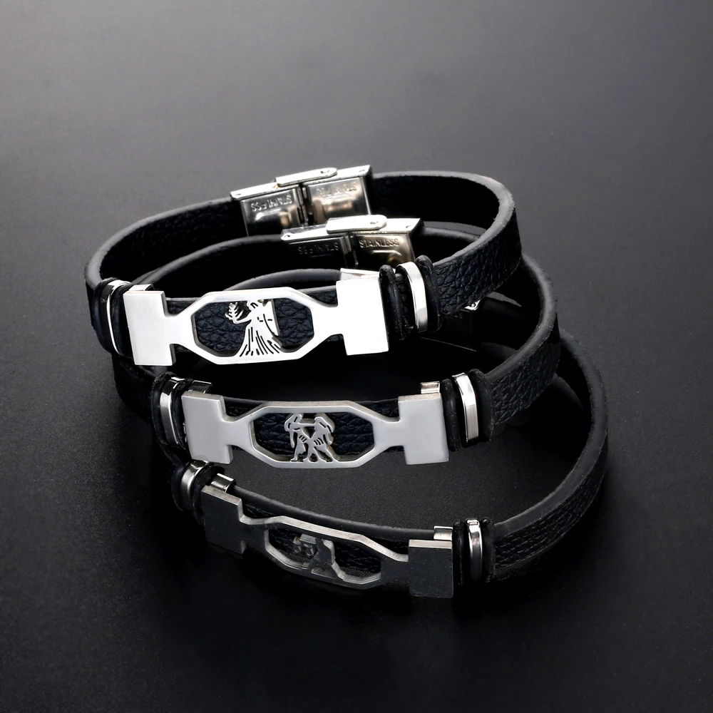 12 Constellation Stainless Steel Cuff Bracelet Men Women Zodiac Sign Black Leather Wrap Bracelet Bracelet Jewelry bracelet jewelry