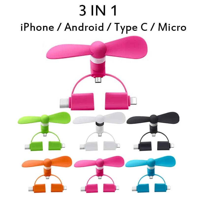 3 в 1 цветной мини USB вентилятор кулер для Android Type C Micro iPhone мобильный телефон