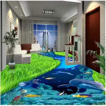 

Modern Floor painting Underwater world dolphin tropical fish coral blue ocean floor painting PVC floor sticker painting Murals