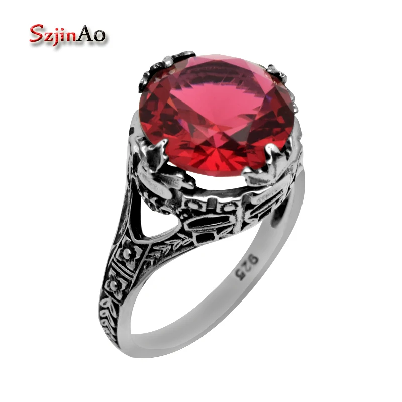 

Szjinao New Gorgeous Vintage Fashion Red Ruby Jewelry Round Cut Red Rose Stone 925 Sterling Silver Rings for Women