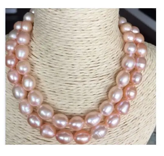 

double strands 12mm natural south sea gold pink pearl necklace 18"19"14k t (9.13)