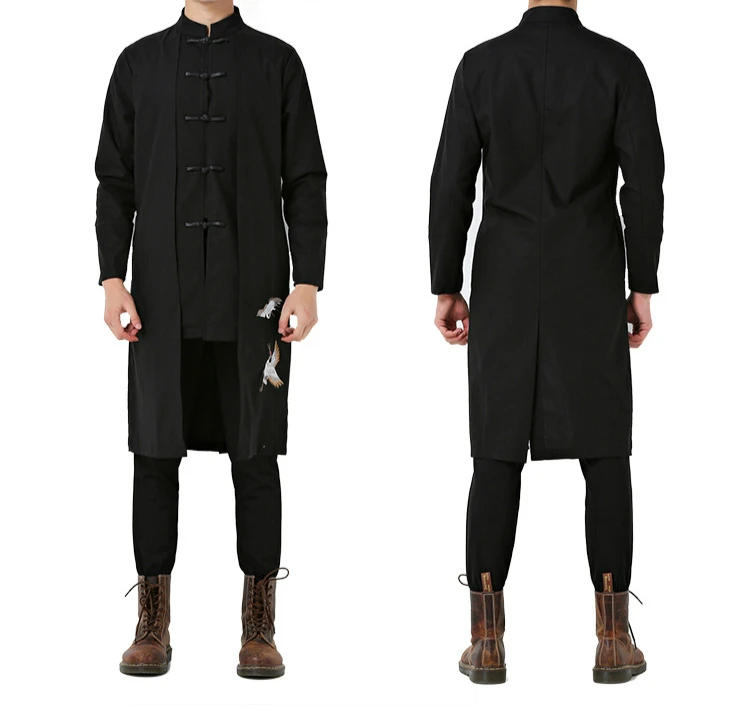 Китайское длинное тонкое хлопковое и льняное пальто с вышивкой журавля и восточными пуговицами, куртка из двух предметов