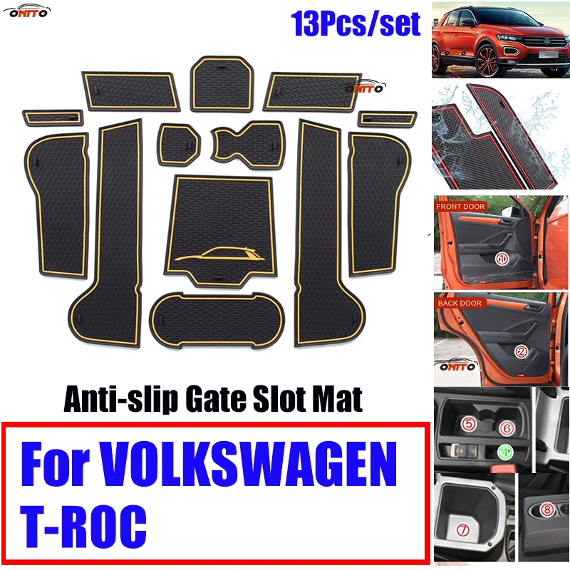 

13Pcs/set For VOLKSWAGEN T-ROC Anti-slip Rubber Cup Mat Covers Dust-water Car Interior Decoration Door Groove Mat Gate Slot Pad