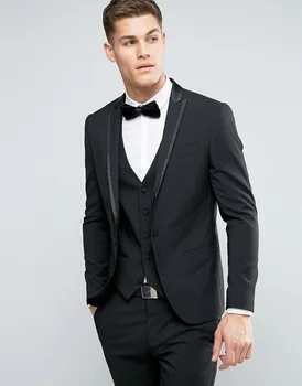 

New Design One Button Black Groom Tuxedos Peak Lapel Groomsmen Best Man Mens Wedding Suit (Jacket+Pants+Vest+Tie) W:258