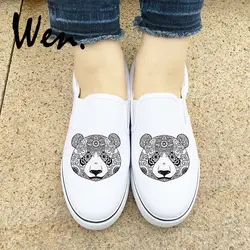 Вэнь скольжения на Белые парусиновые туфли дизайн животных панда Тотем черные кроссовки мужские женские на плоской платформе Низкий Топ