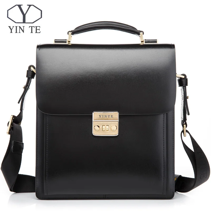 

YINTE Men's Leather Business Briefcase Office Bag for Men Black Bag Messenger Document Shoulder Attache Portfolio T8158-3