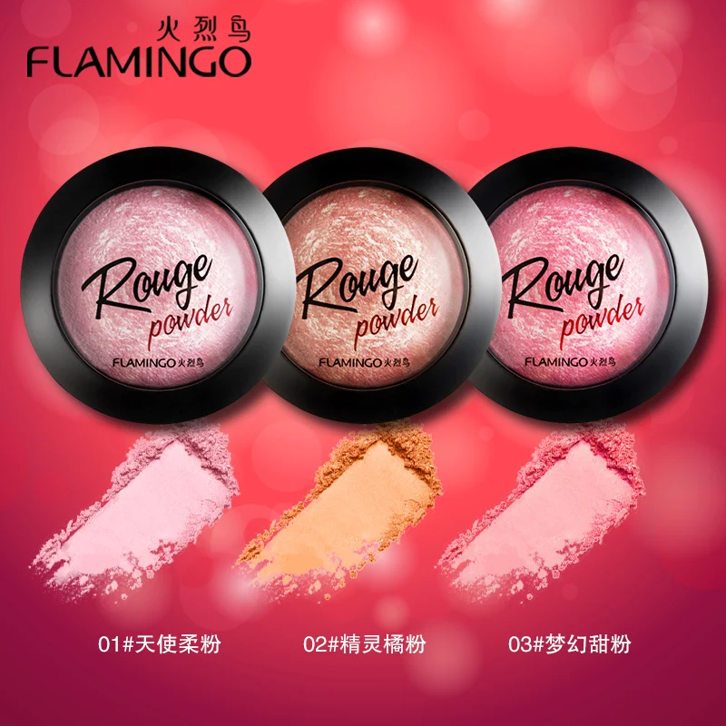 Blush com Espelho Beleza Rosto Maquiagem Marca Flamingo Feltro Blush Escova Bochecha Sedoso 3 Cores Baked Bronzer 3010x