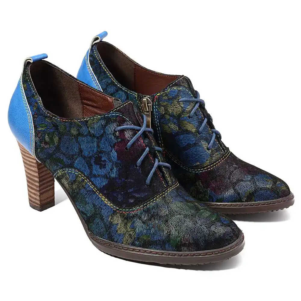 SOCOFY/туфли-лодочки в стиле ретро из натуральной кожи с разноцветным узором, на молнии, на шнуровке, винтажные Ботильоны на каблуке для женщин на весну