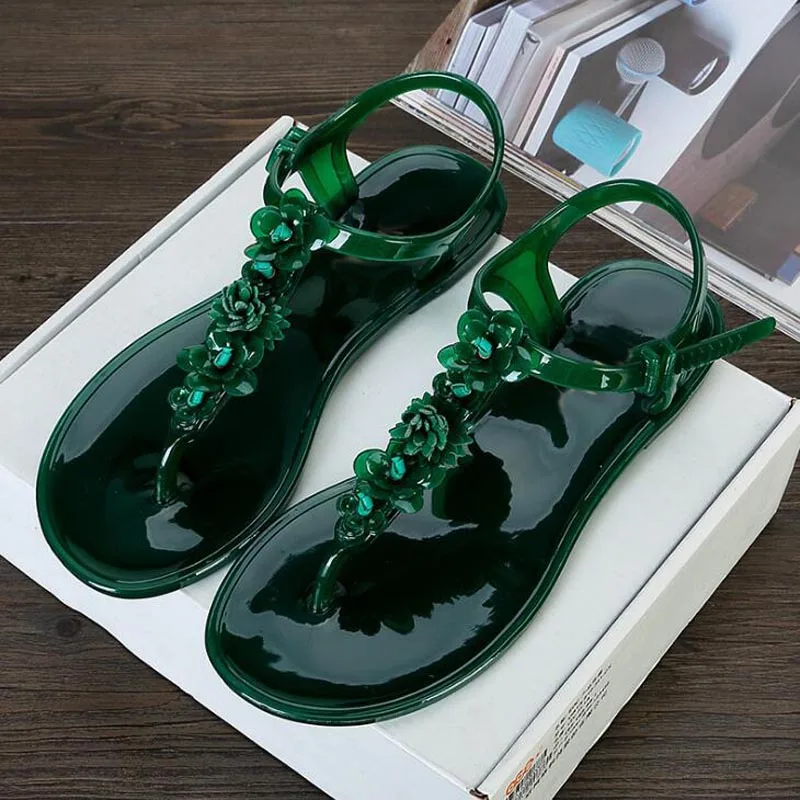 Женские сандалии; летние женские сандалии на плоской подошве; пляжная прозрачная обувь с цветочным узором; нескользящие Вьетнамки; пляжные шлепанцы для отдыха; Прямая поставка - Цвет: Зеленый