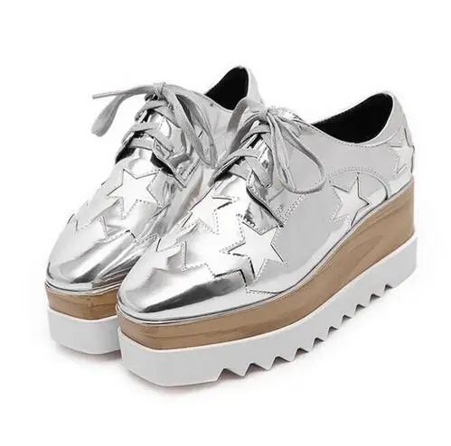 

European Style Vintage Leather Casual Shoes 2017 Autumn Laser Lace-up Flat Platform Women Shoes Metallic Gold Leather Casua Shoe