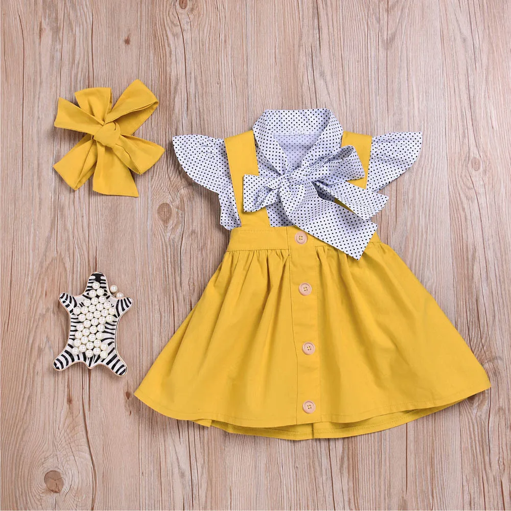 

2019 New Summer 3Pcs Toddler Infant Baby Girls Dress Sleeveless Dot Print Tops T Shirt Strap Skirt Outfits Set Dress for Girls