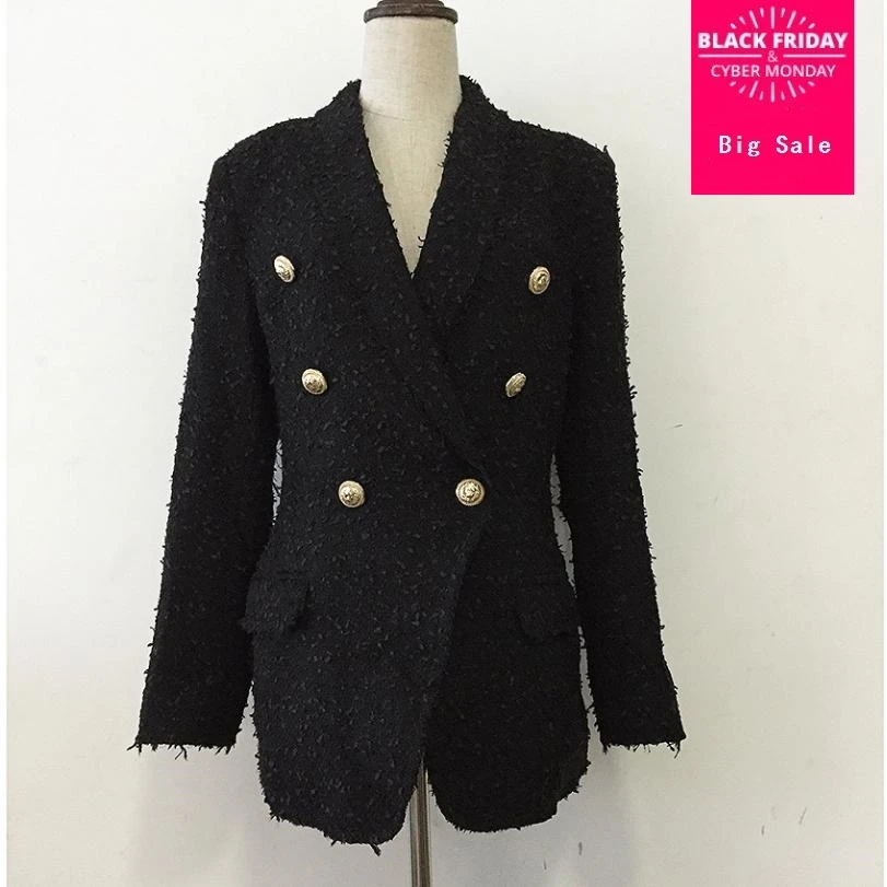 HIgh quality women blazer tweed jacket coat autumn fashion metal button double breasted lapel long sleeve elegant overcoat L1361