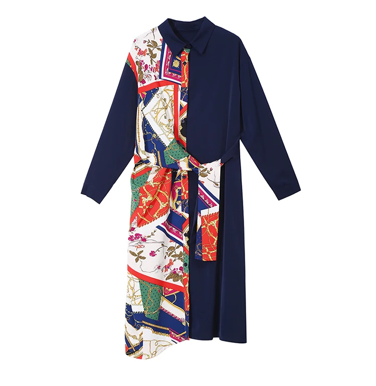 Корейский стиль, женское осеннее синее платье-рубашка с длинным рукавом, с принтом, из кусков, для девушек размера плюс, миди, вечерние платья, женское платье 4798