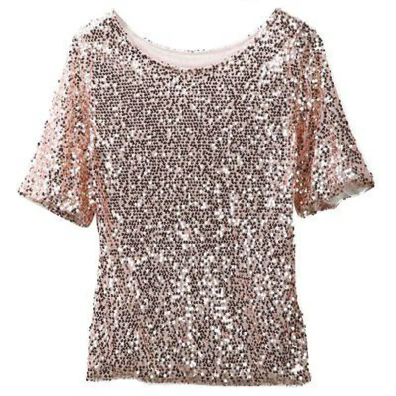 

Womens Lady Sequined Bling Shiny Casual Loose Short Sleeve Shirt