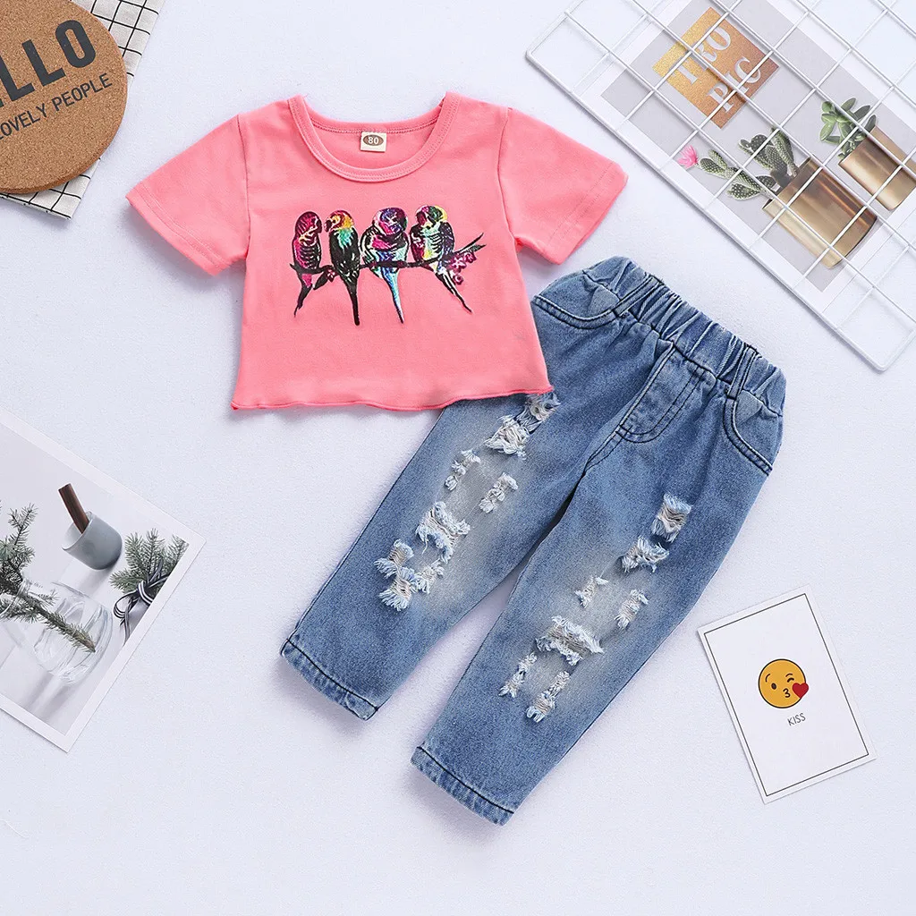 Новая модная летняя футболка с рисунком для маленьких девочек топы+ джинсовые штаны, комплект одежды,,, Z4