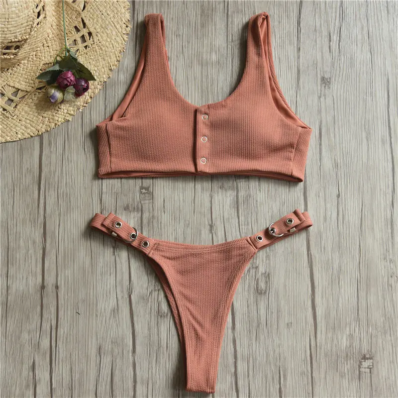 INGAGA Sexy Thong Bikini Solid Swimwear Women Metal Button Swimsuit Padded Bathing Suits New 2019 Summer Beach Bikini Mujer