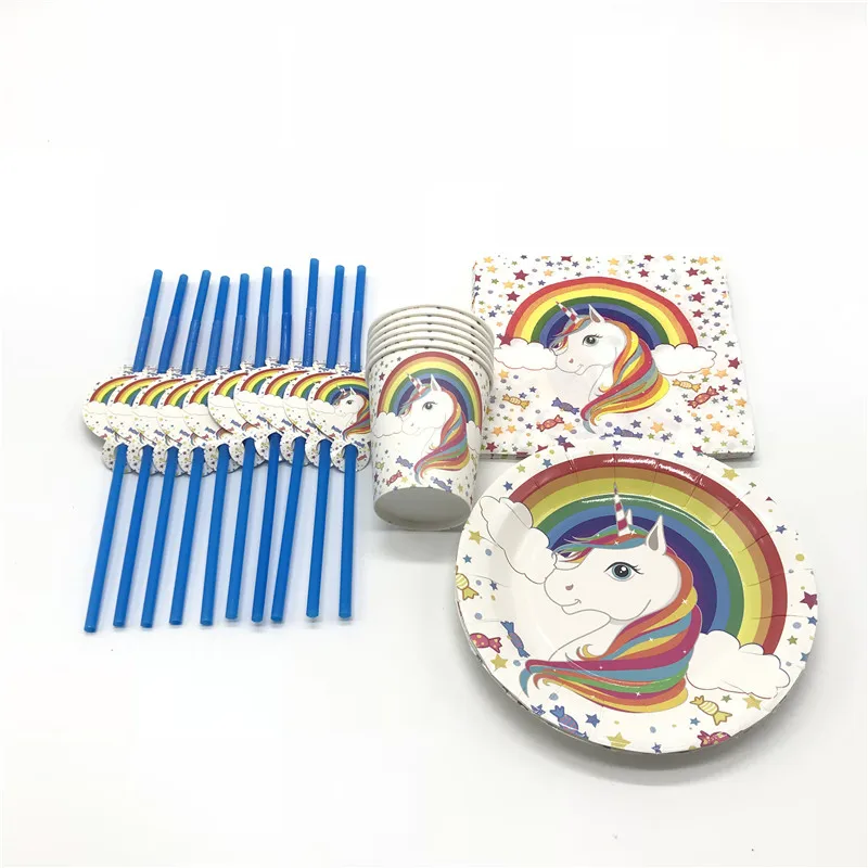 

Rainbow Unicorn Theme Cup+Plate+Napkin Kid Birthday Party Event Party Festival Wedding Plastic Straw Decoration Supply 74Pcs/lot