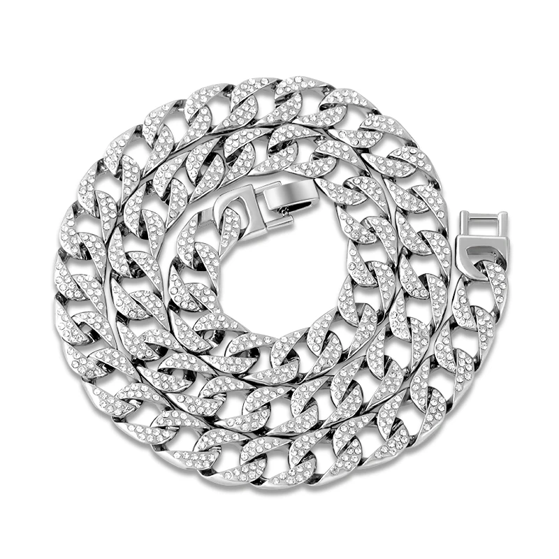 

14mm Curb Cuban Chain Necklace For Men Silver Plated Hip Hop Rhinestones CZ Rapper Necklace Jewelry Length 66cm