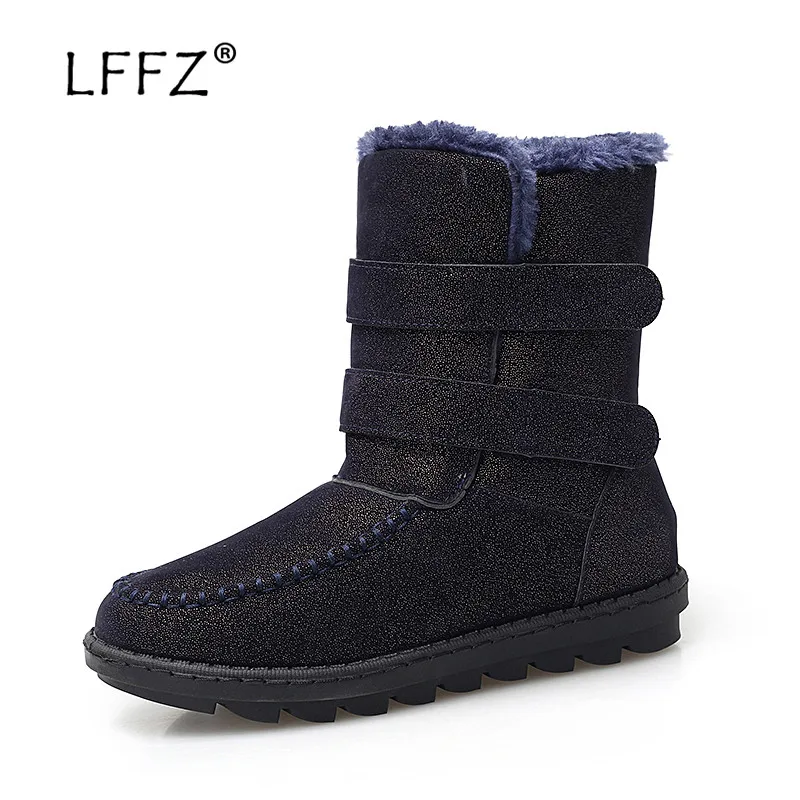 

LFFZ Women Snow Boots Winter Female Ankle Boots Warm Plush Hook Loop Fur Suede Rubber Flat 2018 Fashion Platform Ladies Shoes