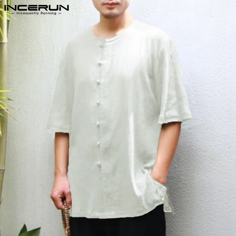 INCERUN Летняя мужская рубашка с коротким рукавом кнопка хлопок Повседневная тонкая Блузка мужская однотонная китайская винтажная рубашка