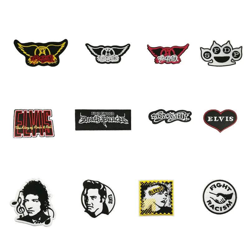 

Patches AEROSMITH WIngs 5fdp Elvis Fight Racism Blondie FIVE FINGER BOB DYLAN punk rock applique embroidered iron on badge
