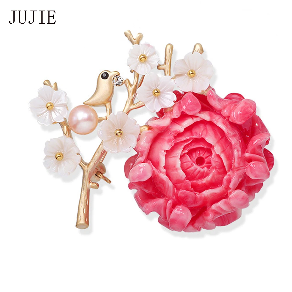 

JUJIE Luxury Pink Resin Flower Brooches Female Fashion Jewelry Accessories