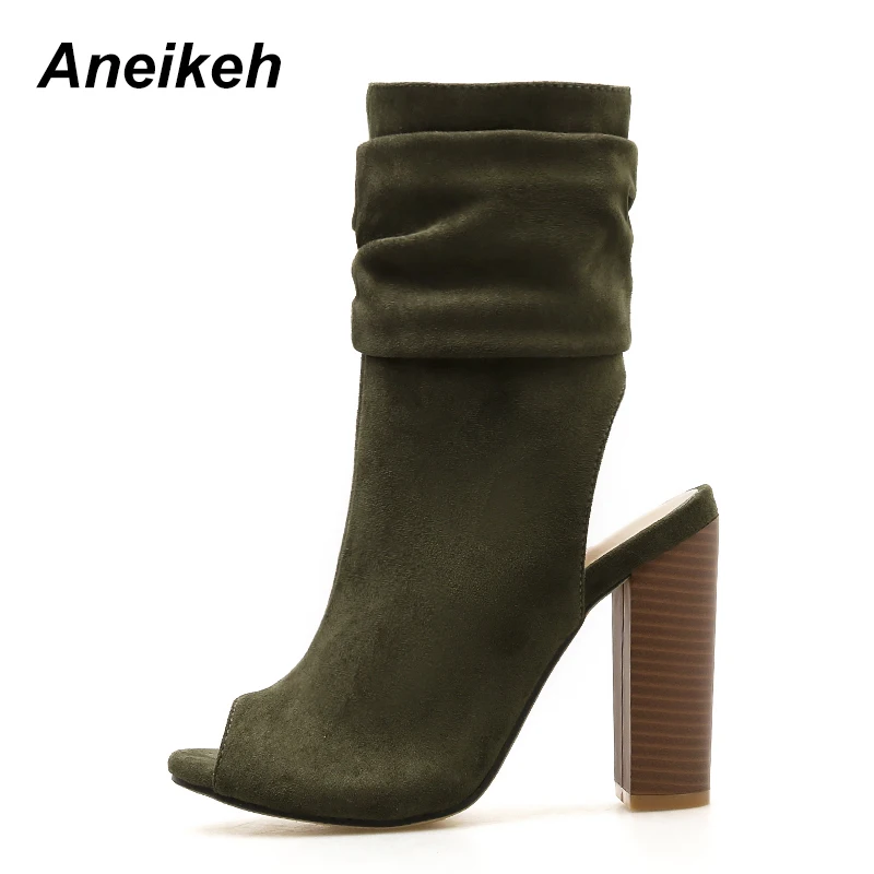 

Aneikeh 2019 Flock High Heels Shoes Woman Ankle Boots Round Toe Platform Booties Zipper Lady Solid Shoes Army Green Brown 39 40