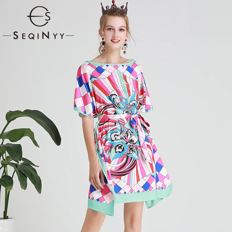 SEQINYY Casual Dress Summer New Fashion Design Batwing Sleeve Pink Plaid Flower Stripe Print Straight Loose Dress Belt