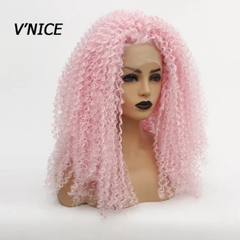 

V'NICE 20-26 inch Kinky Curly Natural Glueless Pink Synthetic Lace Front Wigs for Black Women long Heat Resistant Fiber Hair