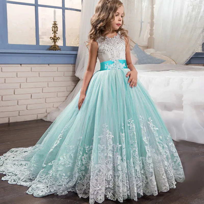 Для девочек в цветочек платье Большие банты платье Элегантное кружевное длинное платье без рукавов на свадьбу, платье для первого причастия для маленьких девочек, детские вечерние платья