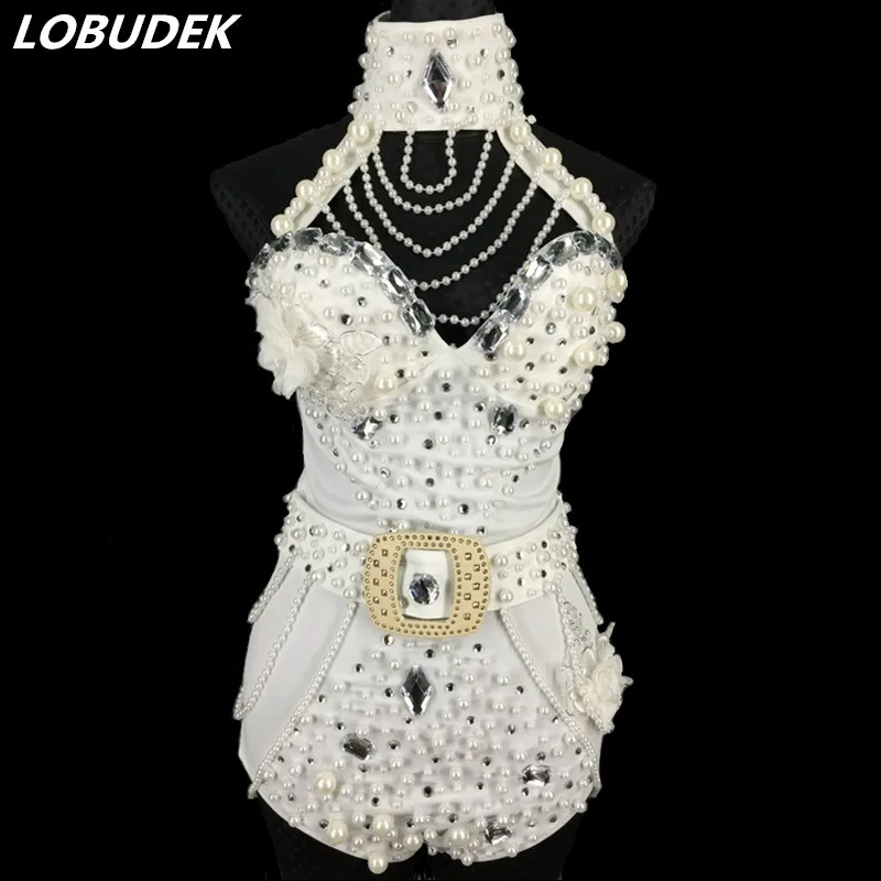 

Beading Halter Bodysuit Red White Pearls Crystals Jumpsuit Women Sexy Backless Costume Nightclub Bar DJ Singer Show Stage Outfit