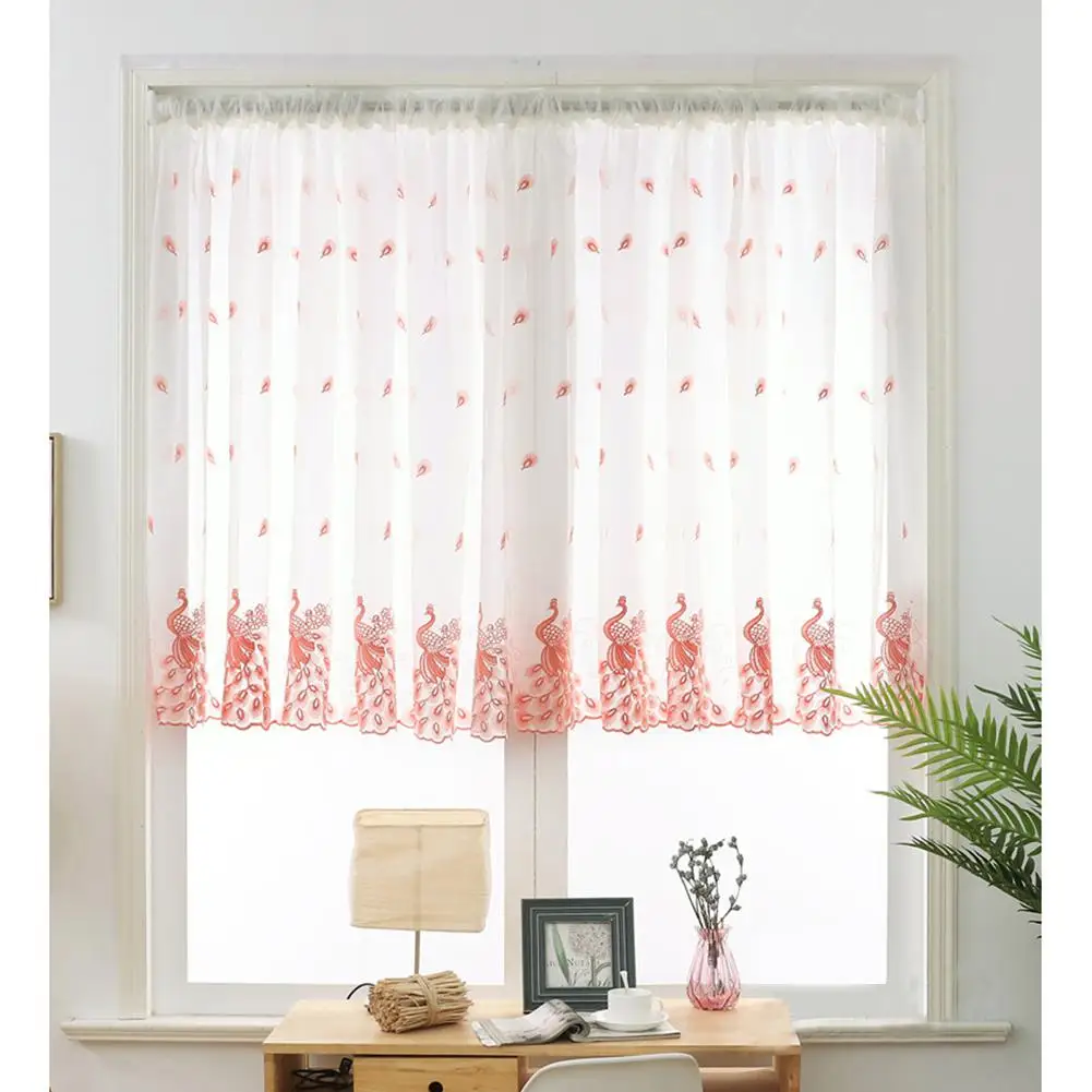 

TPFOCUS Europe Solid White Yarn Curtain Peacock Embroidered Short Window Curtain for Study Living Room Decor Window Treatments
