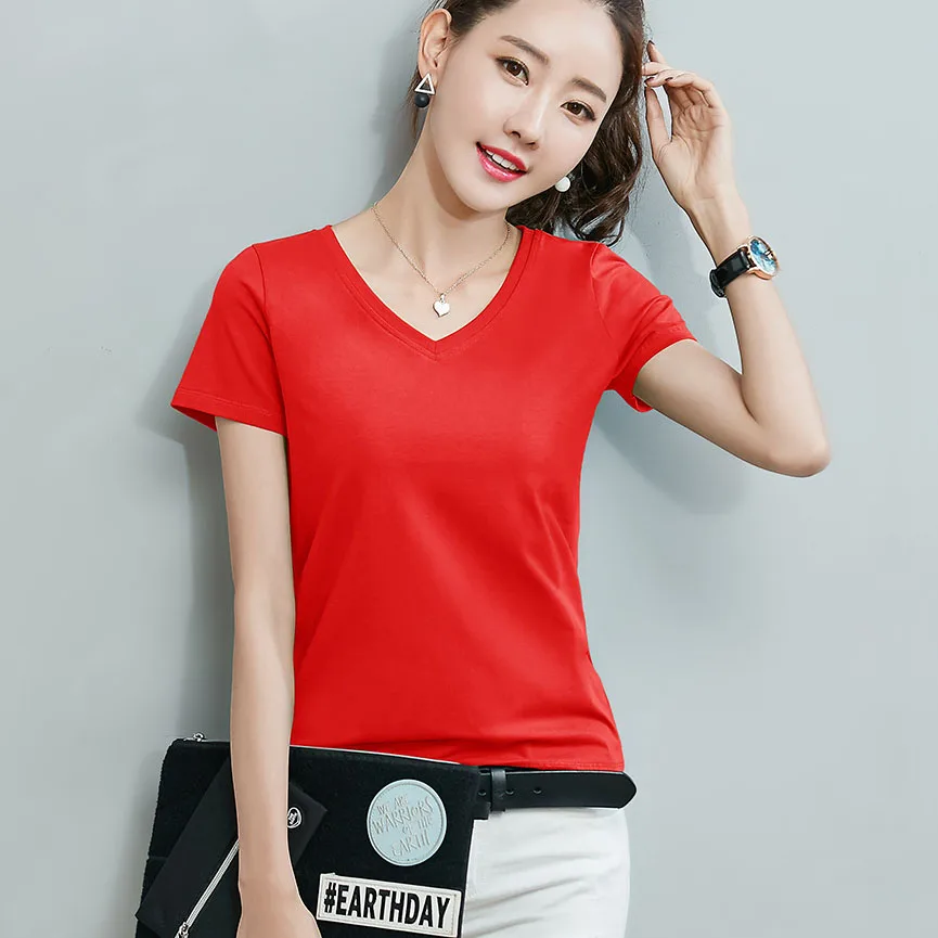 BOBOKATEER хлопковая футболка, женские топы, Повседневная футболка с v-образным вырезом, Женская белая однотонная футболка, женская футболка, летние Забавные футболки - Цвет: Красный