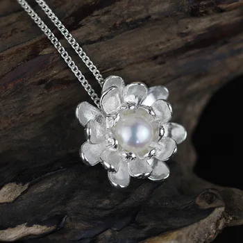

INATURE 925 Sterling Silver Freshwater Pearl Lotus Flower Pendant Necklace For Women Jewelry