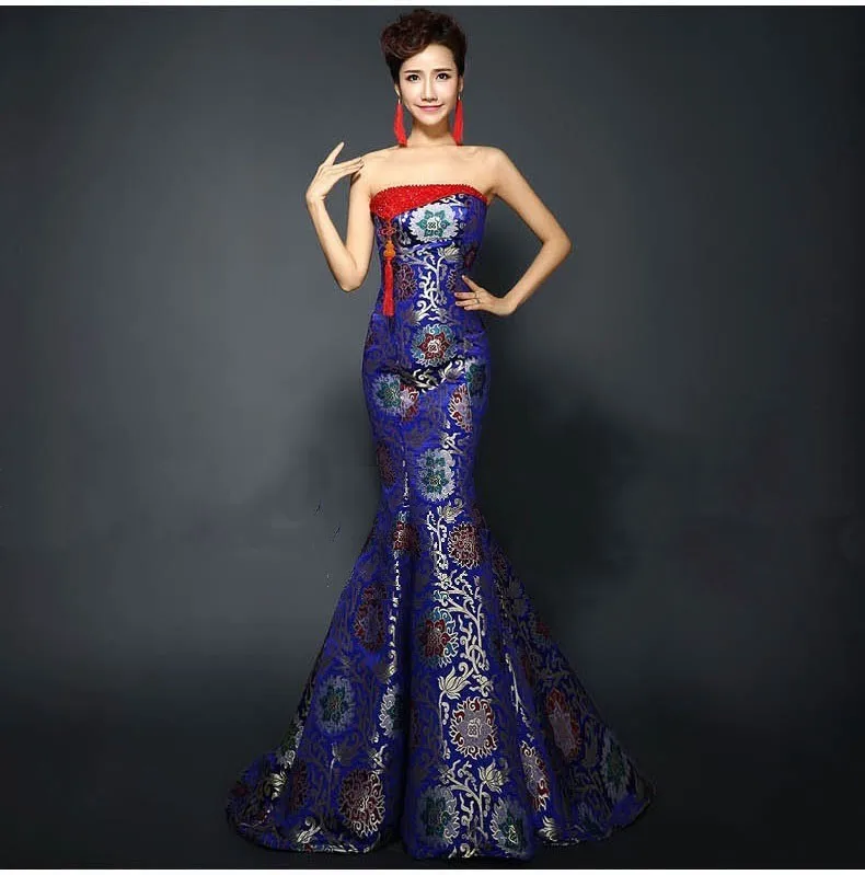Tube top trailing royal blue fishtail cheongsam wedding dresses brocade long traditional chinese cheongsam wedding dresses (6)