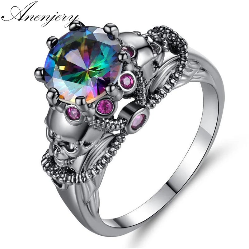 

Anenjery Hot Sale Creative Punk Colorful Zircon Black Gold Color Skull Ring For Women anillos anel Party Jewelry T-R03