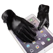 Плотные бархатные Лоскутные женские сенсорные зимние кожаные перчатки с бантиком и кроличьим мехом теплые перчатки с бантом-бабочкой G046