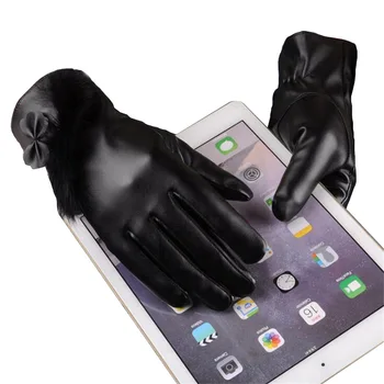 

Thick Velvet Guantes Patchwork Women Rabbit Fur Touched Screen Bowknot Leather Gloves Winter Butterfly Bow Luvas Warm Glove G046