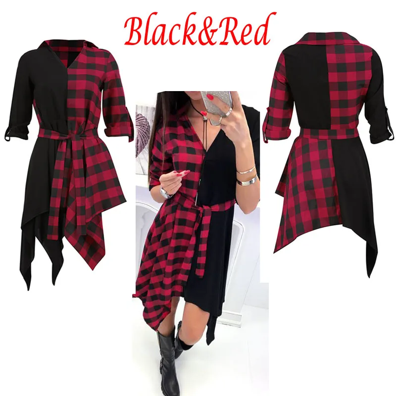 New Womens V-Neck Check Dress Long Sleeve Sashes Loose V Neck Plaid Tops Casual Sexy Mini Dress